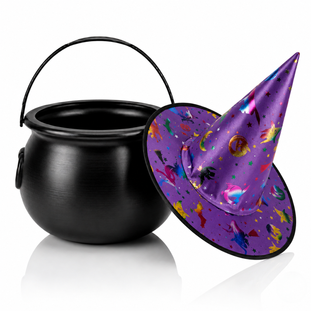 PMU 2 Pc Halloween Witch Cauldron Set – 8 Inch Black Cauldron Bowl & Witch Hat for Halloween Party Decorations, Tabletop & Home Décor