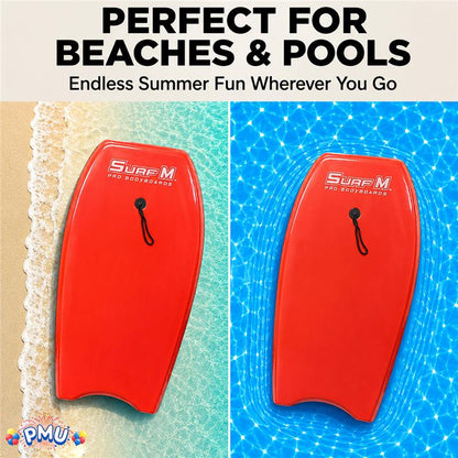 PMU 33 Inch Printed Bodyboard - Lightweight Wrist Leash Slick Bottom Boogie Board for Beach, Sea & Pool - Surfing Board for Kids, Teens & Adults Wave Conditions Pkg/1