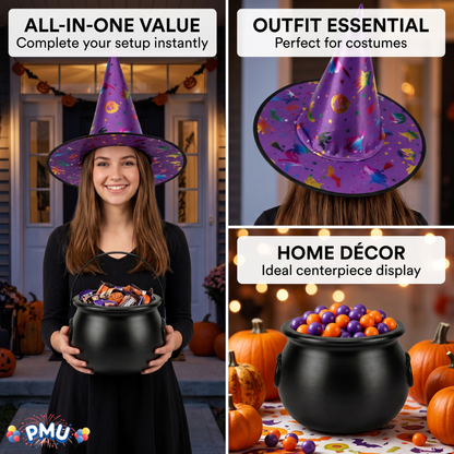 PMU 2 Pc Halloween Witch Cauldron Set – 8 Inch Black Cauldron Bowl & Witch Hat for Halloween Party Decorations, Tabletop & Home Décor