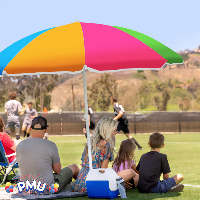 PMU Beach Umbrella 6 feet Opens to 72 inches Multicolor Beach Parasol with Carrying Sleeve for Beach, Patio, and Outdoor Sun Protection Polyester