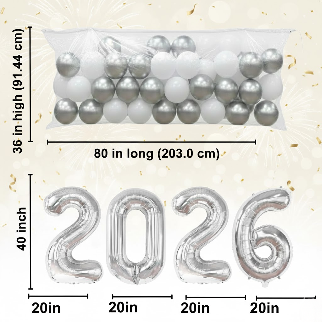 PMU New Year's Eve Party Balloon Drop Kit (100pcs Assorted 9in and 5in Balloons with Hand Pump) 4pcs "2026" 40in Gold Mylar Balloons 1 Set Assortment