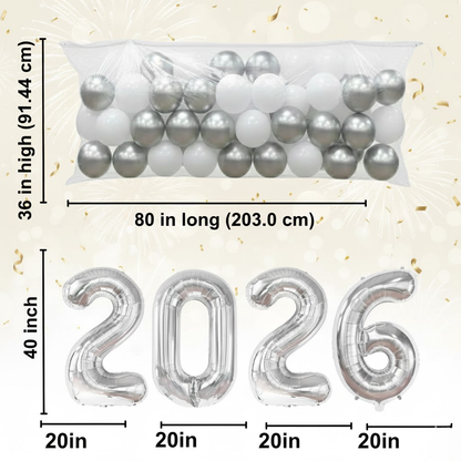 PMU New Year's Eve Party Balloon Drop Kit (100pcs Assorted 9in and 5in Balloons with Hand Pump) 4pcs "2026" 40in Gold Mylar Balloons 1 Set Assortment