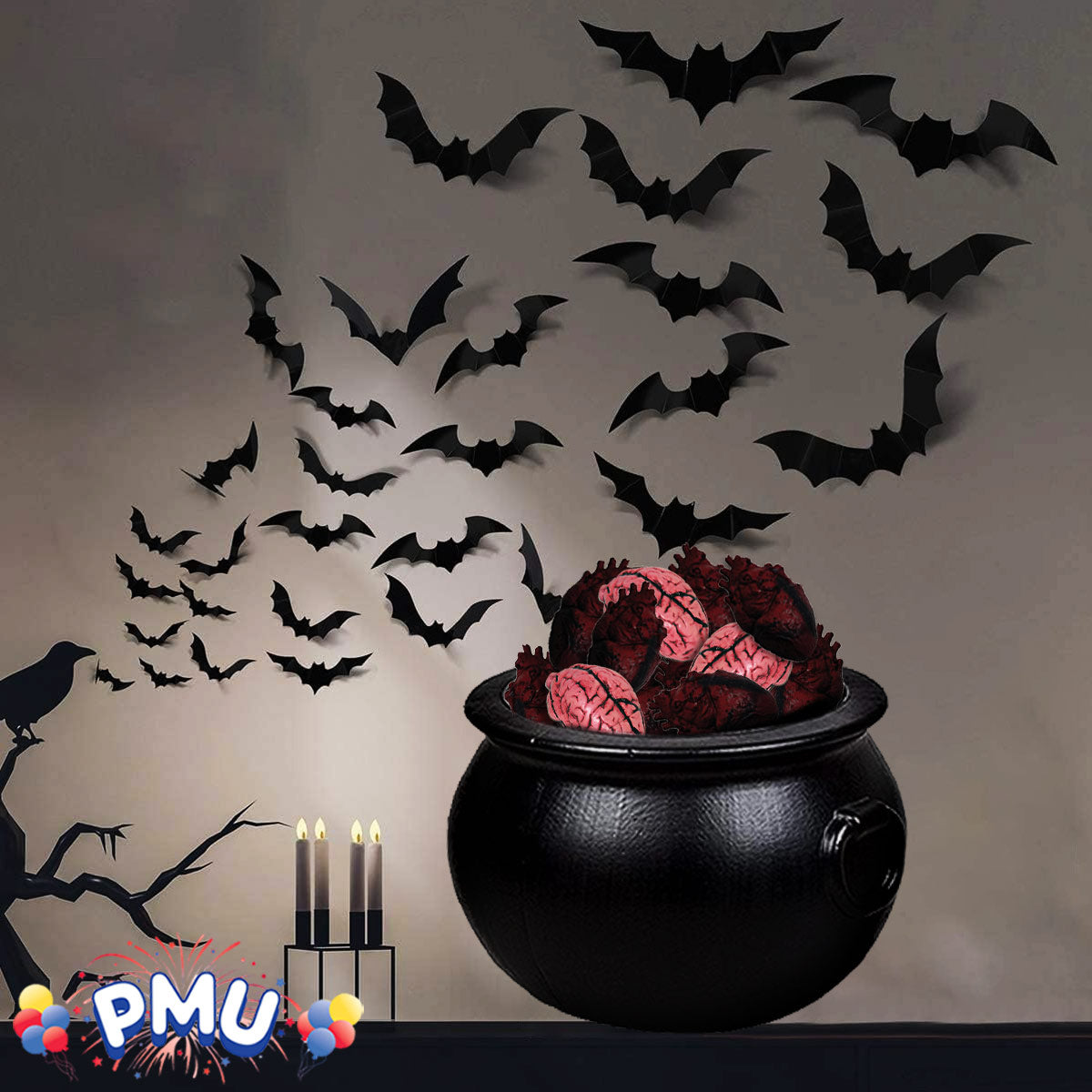 PMU Halloween Cauldron -8pc Multi-Pack Assortment Plastic Candy Holder for Kids - Halloween Party Favors & Supplies - Black pcs Set