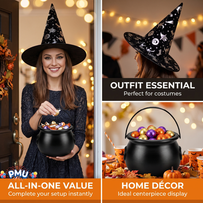 PMU 2 Pc Halloween Witch Cauldron Set – 8 Inch Black Cauldron Bowl & Witch Hat for Halloween Party Decorations, Tabletop & Home Décor