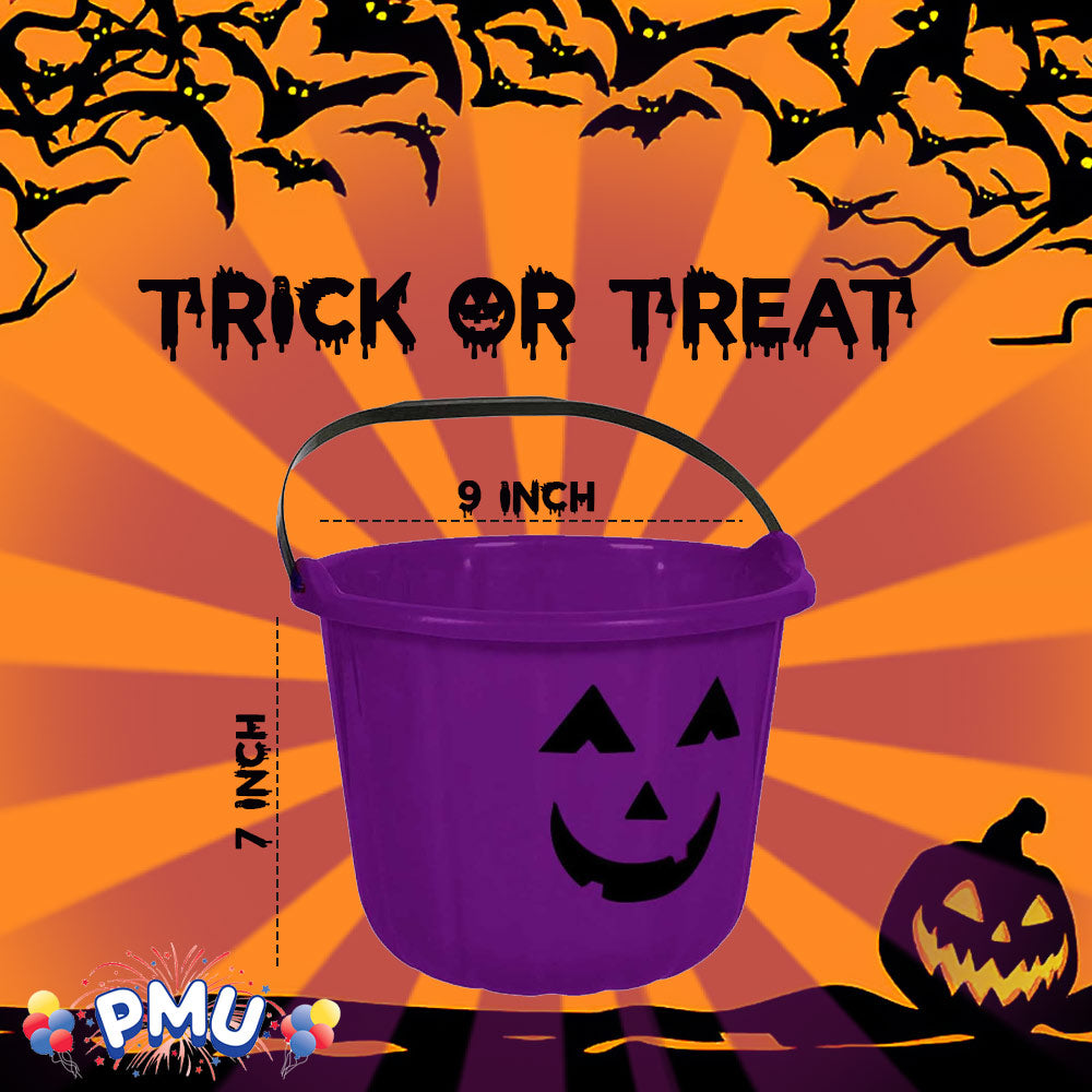 PMU Halloween Jack-O-Lantern Trick or Treat Pail Bucket - Candy Gift Basket for Kids - Pumpkin Plastic Buckets with Handle - Perfect Halloween Décor - 9 Inch