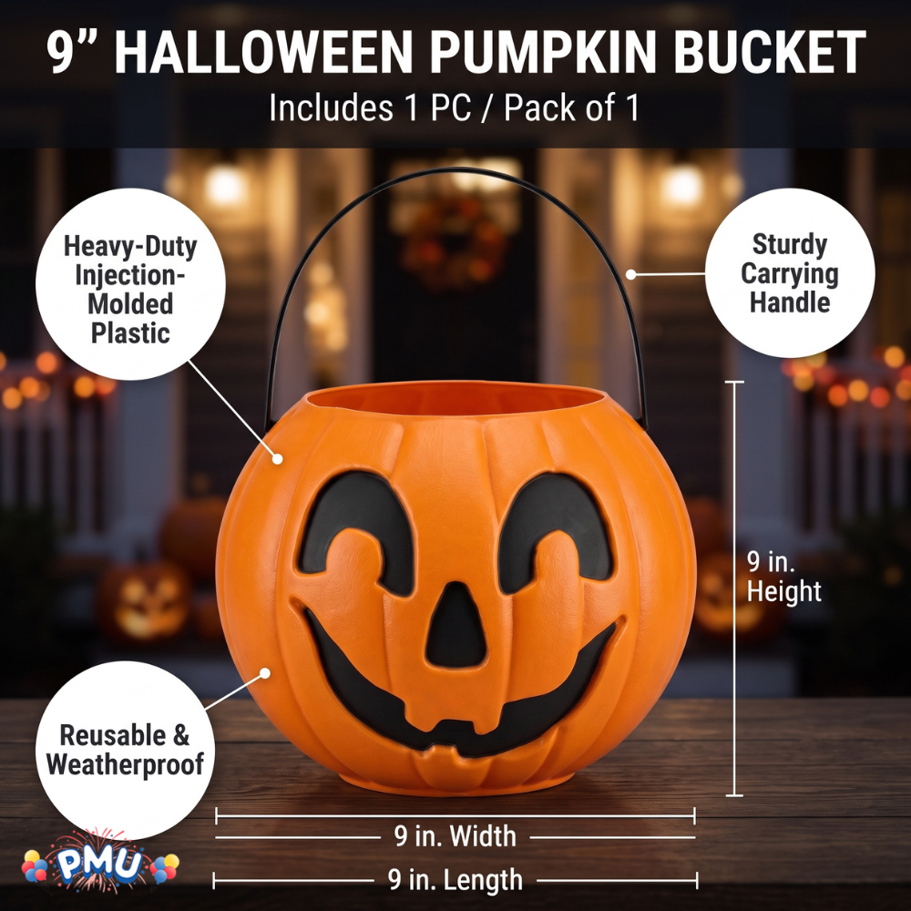 PMU Halloween Trick or Treat Jack-O-Lantern Carry Jack - Halloween Pumpkin Decorations - Candy Gift Basket for Kids - Pumpkin Bucket with Handles - 9 Inch w/Handle - Orange