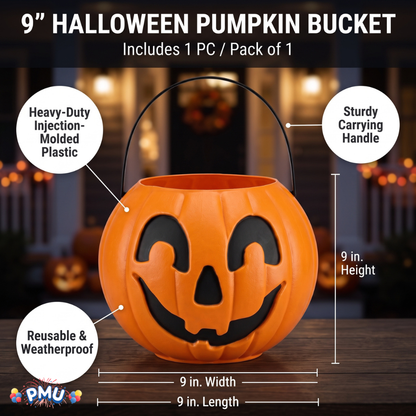 PMU Halloween Trick or Treat Jack-O-Lantern Carry Jack - Halloween Pumpkin Decorations - Candy Gift Basket for Kids - Pumpkin Bucket with Handles - 9 Inch w/Handle - Orange