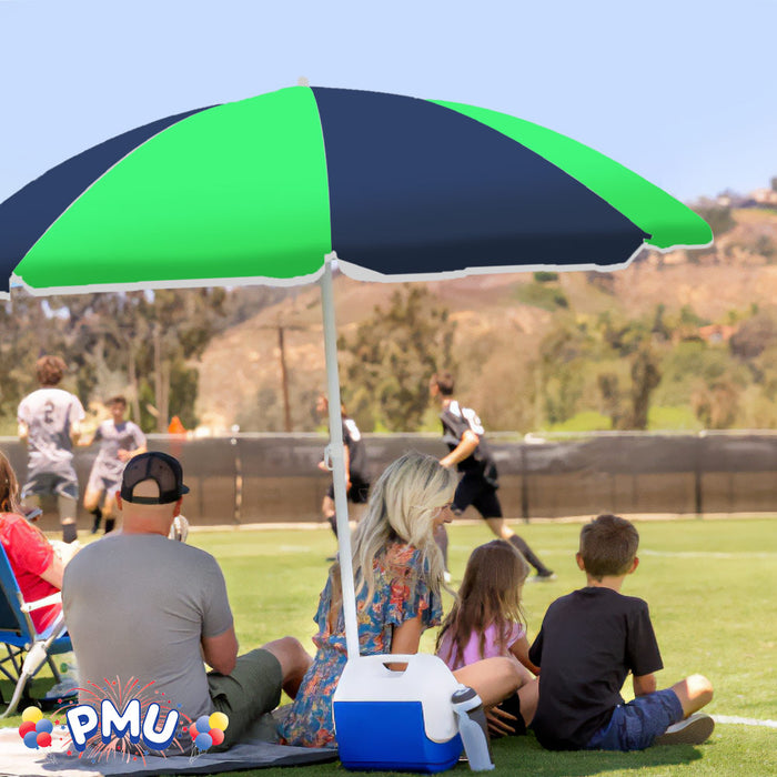 PMU Beach Umbrella 6 feet Opens to 72 inches Multicolor Beach Parasol with Carrying Sleeve for Beach, Patio, and Outdoor Sun Protection Polyester