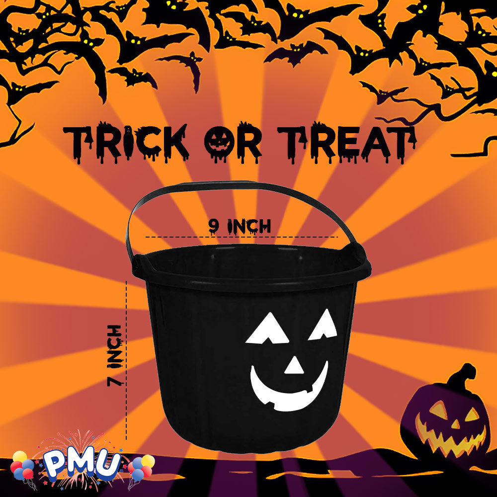 PMU Halloween Jack-O-Lantern Trick or Treat Pail Bucket - Candy Gift Basket for Kids - Pumpkin Plastic Buckets with Handle - Perfect Halloween Décor - 9 Inch