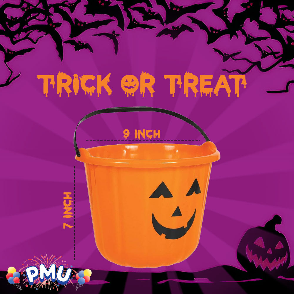 PMU Halloween Jack-O-Lantern Trick or Treat Pail Bucket - Candy Gift Basket for Kids - Pumpkin Plastic Buckets with Handle - Perfect Halloween Décor - 9 Inch