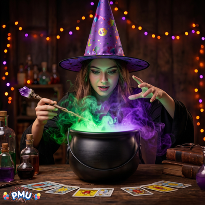 PMU 2 Pc Halloween Witch Cauldron Set – 8 Inch Black Cauldron Bowl & Witch Hat for Halloween Party Decorations, Tabletop & Home Décor
