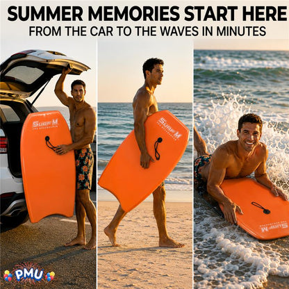 PMU 33 Inch Printed Bodyboard - Lightweight Wrist Leash Slick Bottom Boogie Board for Beach, Sea & Pool - Surfing Board for Kids, Teens & Adults Wave Conditions Pkg/1