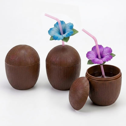 PMU Plastic Coconut & Pineapple Luau Cup with Flower, Luau Party Supplies, Hawaiian Party Decorations and Accessories
