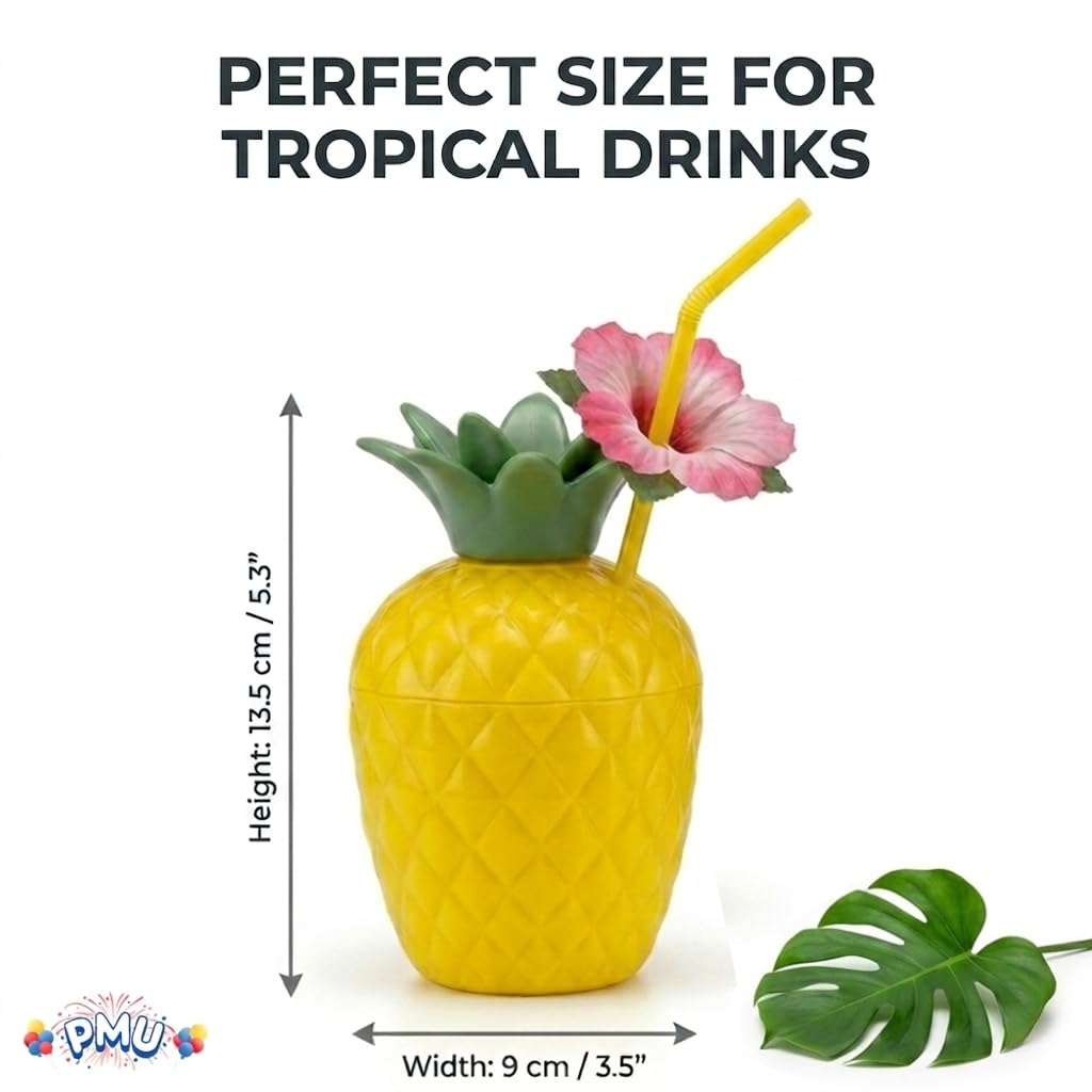 PMU Plastic Coconut & Pineapple Luau Cup with Flower, Luau Party Supplies, Hawaiian Party Decorations and Accessories