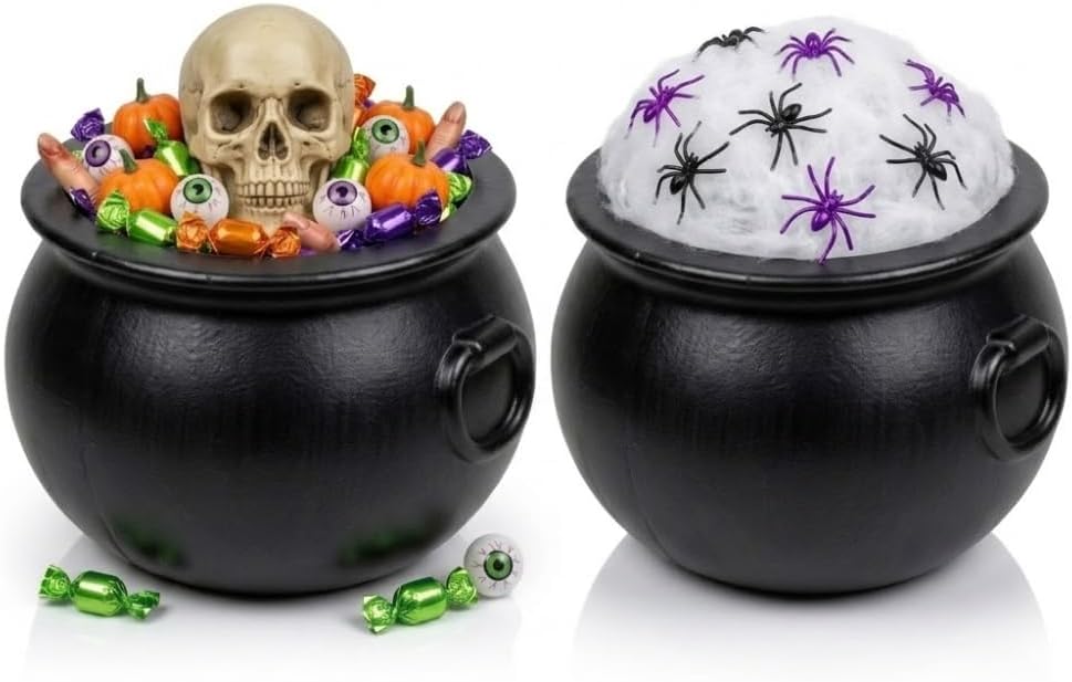 PMU Halloween Cauldron - Multi-Pack Assortment Plastic Candy Holder for Kids - Halloween Party Favors & Supplies - Black Set