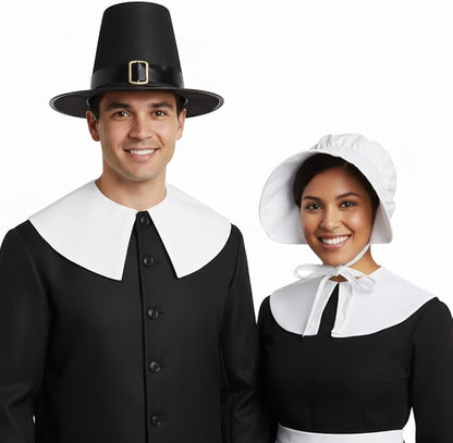 2Pc Pilgrim Hat & White Colonial Bonnet Set Thanksgiving Costume for Adults