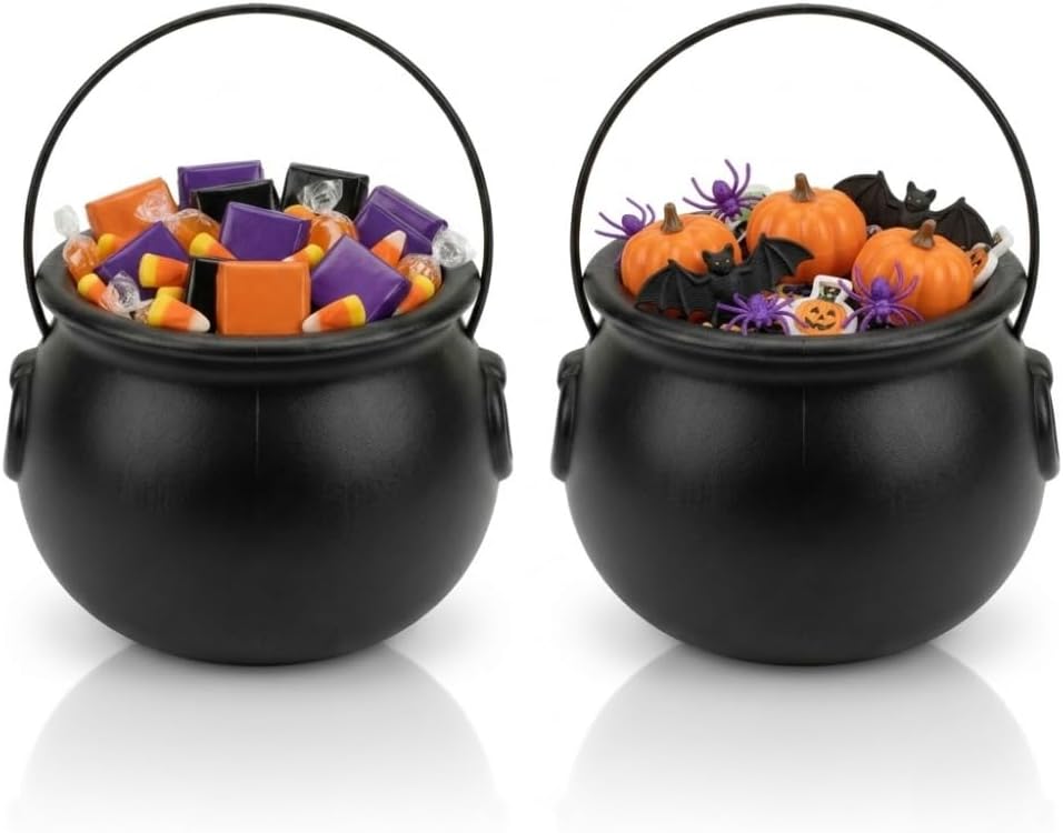 PMU Halloween Cauldron - Multi-Pack Assortment Plastic Candy Holder for Kids - Halloween Party Favors & Supplies - Black Set
