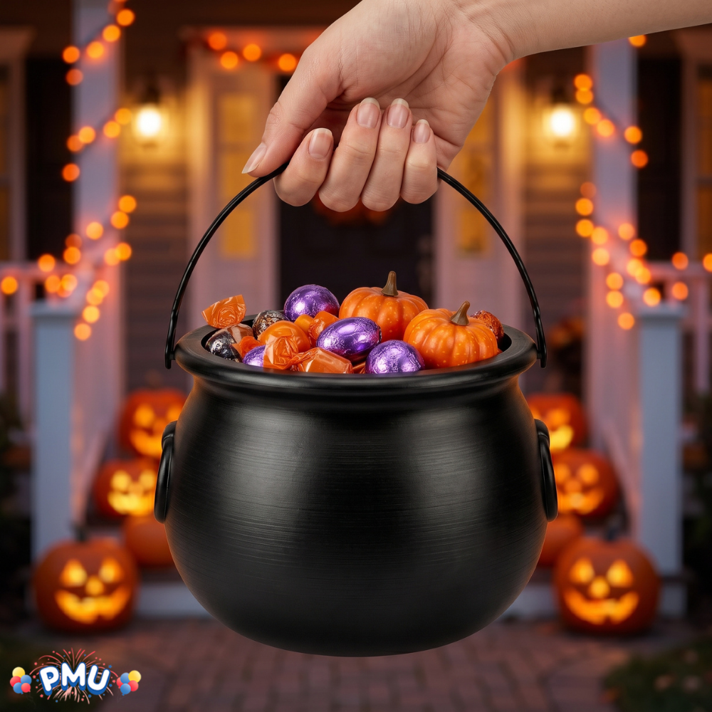 PMU 2 Pc Halloween Witch Cauldron Set – 8 Inch Black Cauldron Bowl & Witch Hat for Halloween Party Decorations, Tabletop & Home Décor