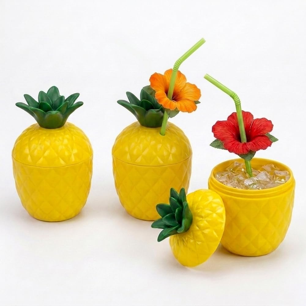 PMU Plastic Coconut & Pineapple Luau Cup with Flower, Luau Party Supplies, Hawaiian Party Decorations and Accessories