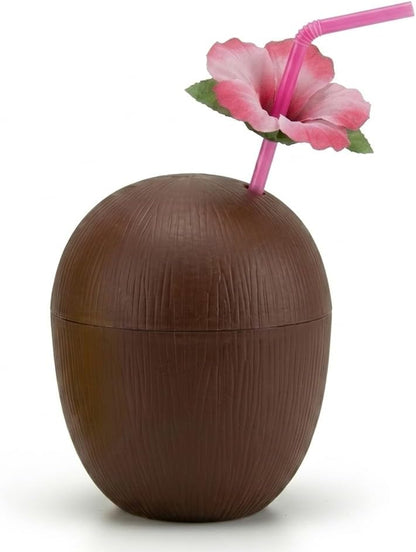 PMU Plastic Coconut & Pineapple Luau Cup with Flower, Luau Party Supplies, Hawaiian Party Decorations and Accessories