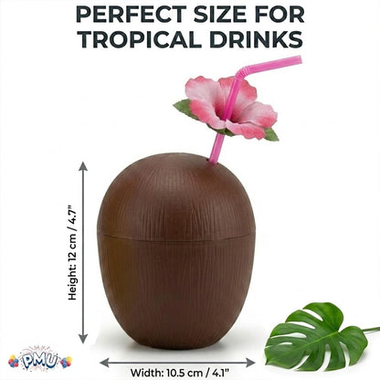 PMU Plastic Coconut & Pineapple Luau Cup with Flower, Luau Party Supplies, Hawaiian Party Decorations and Accessories