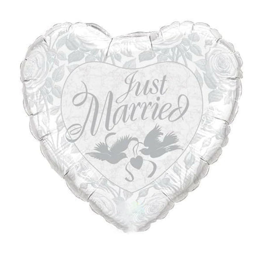 PMU Valentine’s Day Heart Shaped Just Married Pearl White and Silver 18 Inch Mylar-Foil Balloon (1/pkg) Pkg/1