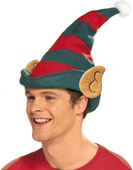 PMU Pc Christmas Elf Hat with Ears Felt Red/Green Stripes - Christmas Elf Outfit, Ugly Xmas Party Headwear