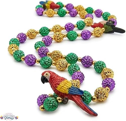 PMU 42 Inch Multicolor Parrot Mardi Gras Beads Necklace – Wearable Party Accessory for Mardi Gras, Hawaiian Luau & Tropical Celebrations