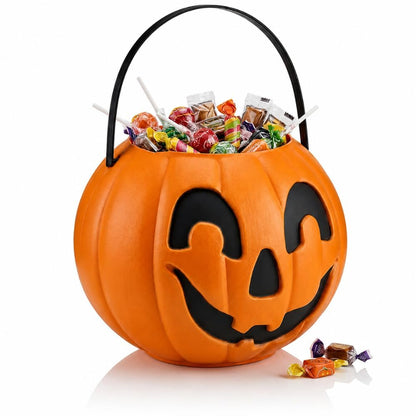 PMU Halloween Trick or Treat Jack-O-Lantern Carry Jack - Halloween Pumpkin Decorations - Candy Gift Basket for Kids - Pumpkin Bucket with Handles - 9 Inch w/Handle - Orange