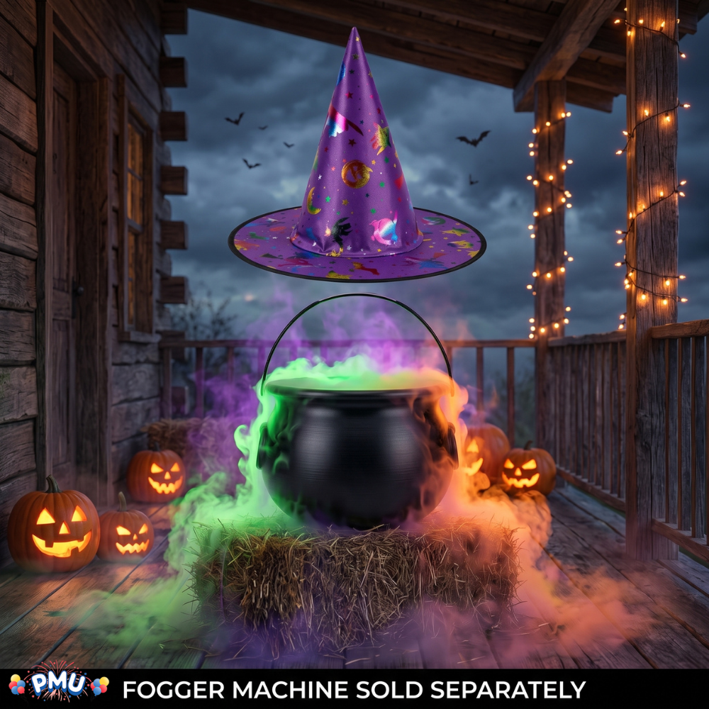 PMU 2 Pc Halloween Witch Cauldron Set – 8 Inch Black Cauldron Bowl & Witch Hat for Halloween Party Decorations, Tabletop & Home Décor