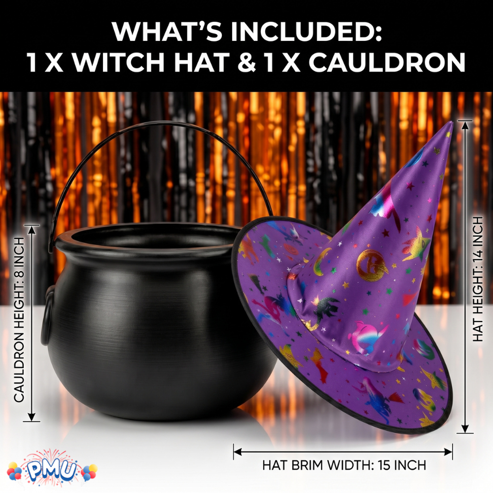 PMU 2 Pc Halloween Witch Cauldron Set – 8 Inch Black Cauldron Bowl & Witch Hat for Halloween Party Decorations, Tabletop & Home Décor