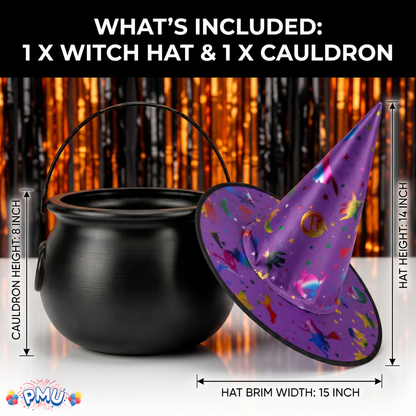 PMU 2 Pc Halloween Witch Cauldron Set – 8 Inch Black Cauldron Bowl & Witch Hat for Halloween Party Decorations, Tabletop & Home Décor