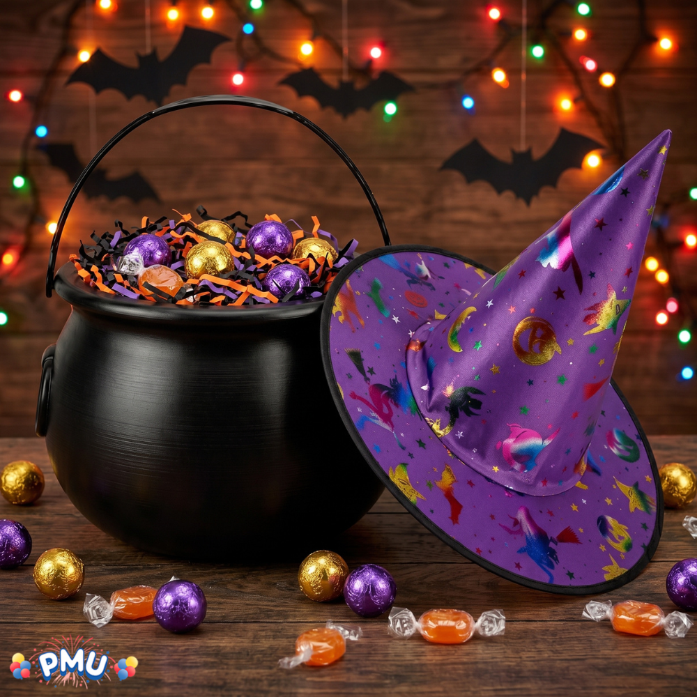 PMU 2 Pc Halloween Witch Cauldron Set – 8 Inch Black Cauldron Bowl & Witch Hat for Halloween Party Decorations, Tabletop & Home Décor
