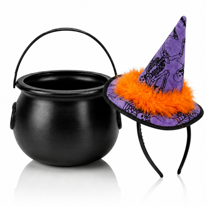 PMU 2 Pc Halloween Witch Cauldron Set – 8 Inch Black Cauldron Bowl & Witch Hat for Halloween Party Decorations, Tabletop & Home Décor