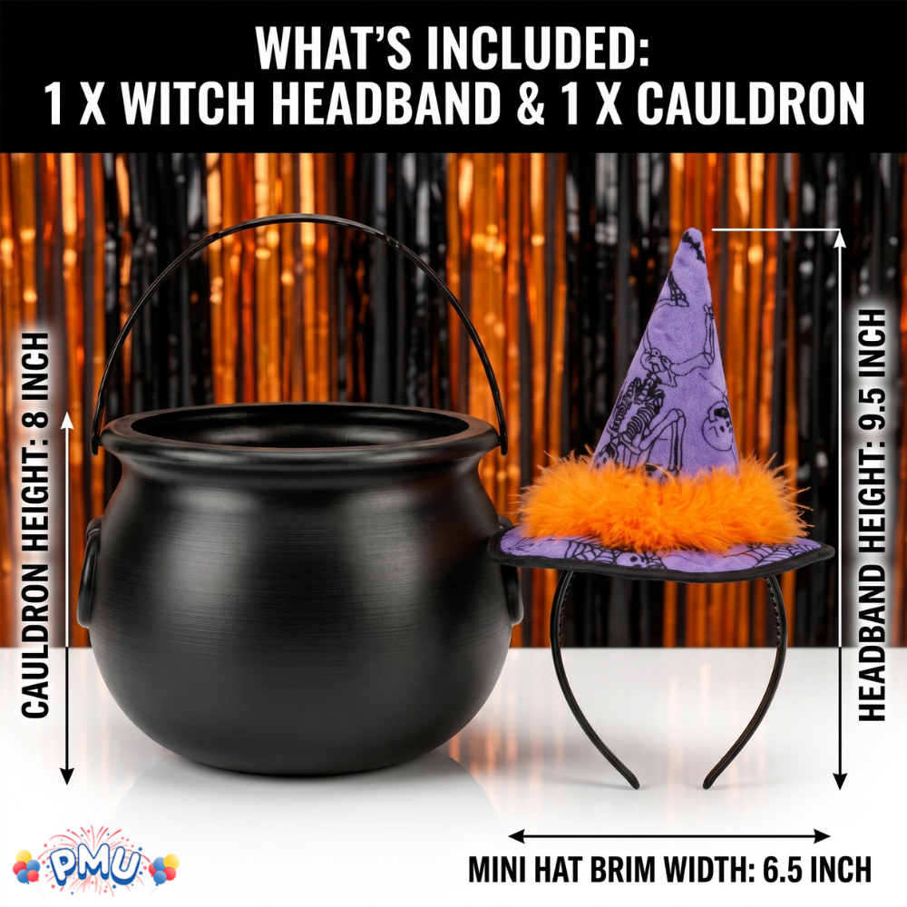 PMU 2 Pc Halloween Witch Cauldron Set – 8 Inch Black Cauldron Bowl & Witch Hat for Halloween Party Decorations, Tabletop & Home Décor