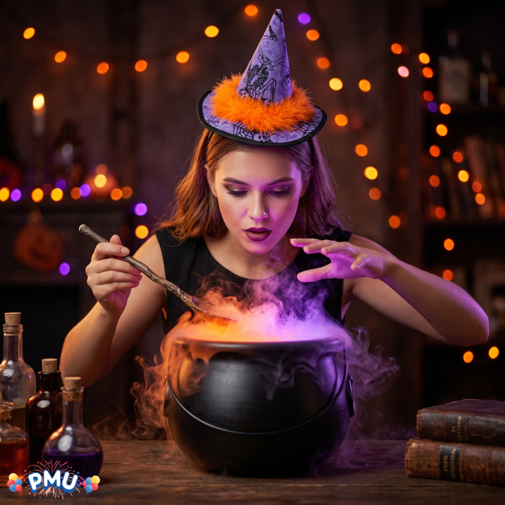 PMU 2 Pc Halloween Witch Cauldron Set – 8 Inch Black Cauldron Bowl & Witch Hat for Halloween Party Decorations, Tabletop & Home Décor