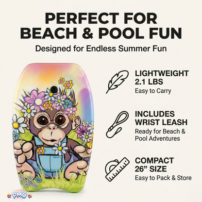 PMU 26 Inch Graphics Printed Bodyboard - Lightweight Wrist Leash Slick Bottom Boogie Board for Beach, Sea & Pool - Surfing Board for Kids, Teens & Adults Wave Conditions  Pkg/1