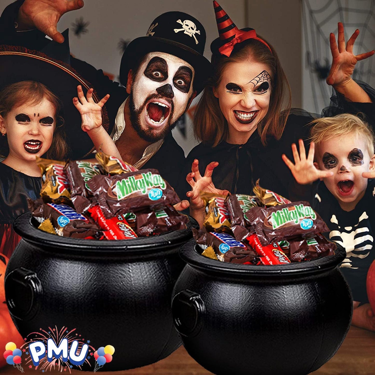 PMU Halloween Cauldron -8pc Multi-Pack Assortment Plastic Candy Holder for Kids - Halloween Party Favors & Supplies - Black pcs Set