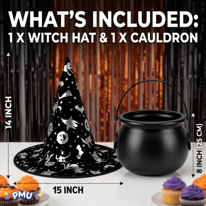 PMU 2 Pc Halloween Witch Cauldron Set – 8 Inch Black Cauldron Bowl & Witch Hat for Halloween Party Decorations, Tabletop & Home Décor
