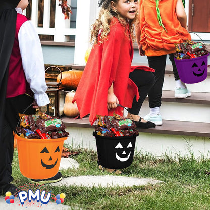 PMU Halloween Jack-O-Lantern Trick or Treat Pail Bucket - Candy Gift Basket for Kids - Pumpkin Plastic Buckets with Handle - Perfect Halloween Décor - 9 Inch