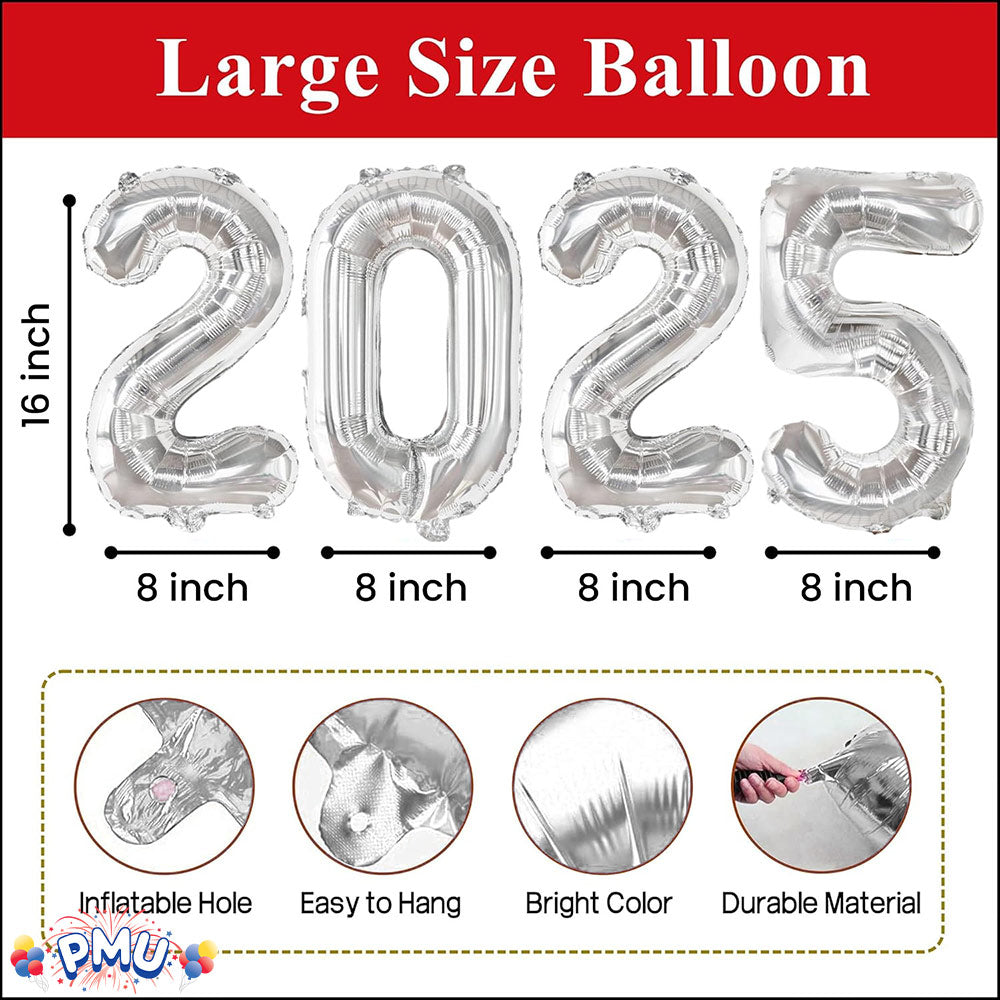 PMU New Year's Eve Party "2025" 16inch, 30inch, & 40inch in Number Mylar Balloons 2025 New Year, Graduation, Birthday, Special Events Accessories Party Celebration (4/pkg) Pkg/1