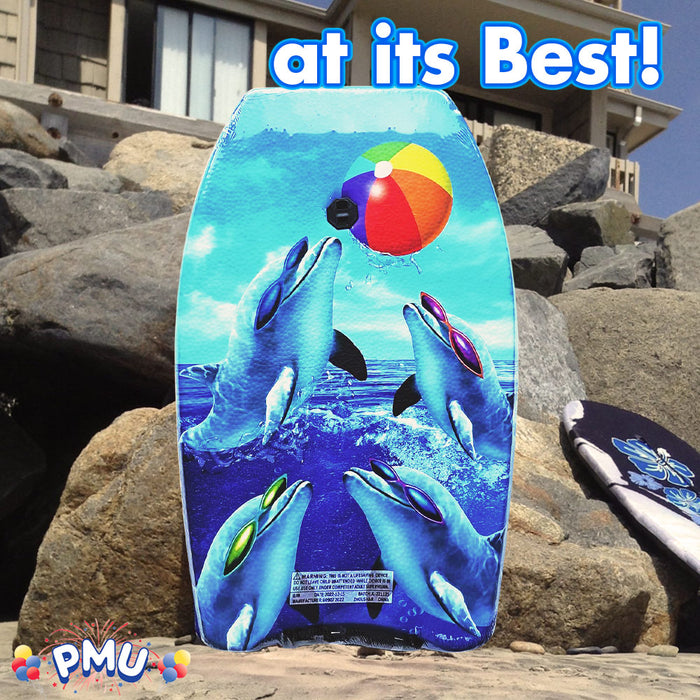 PMU 26 Inch Graphics Printed Bodyboard - Lightweight Wrist Leash Slick Bottom Boogie Board for Beach, Sea & Pool - Surfing Board for Kids, Teens & Adults Wave Conditions  Pkg/1