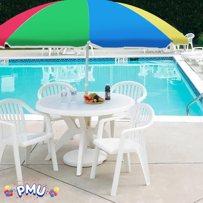 PMU Beach Umbrella 6 feet Opens to 72 inches Multicolor Beach Parasol with Carrying Sleeve for Beach, Patio, and Outdoor Sun Protection Polyester