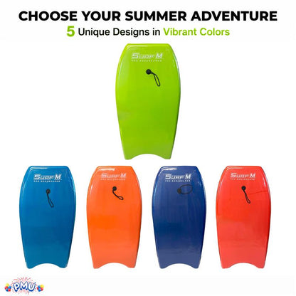 PMU 33 Inch Printed Bodyboard - Lightweight Wrist Leash Slick Bottom Boogie Board for Beach, Sea & Pool - Surfing Board for Kids, Teens & Adults Wave Conditions Pkg/1