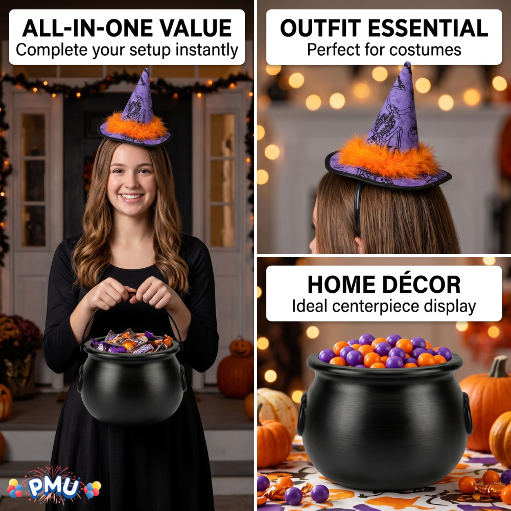 PMU 2 Pc Halloween Witch Cauldron Set – 8 Inch Black Cauldron Bowl & Witch Hat for Halloween Party Decorations, Tabletop & Home Décor