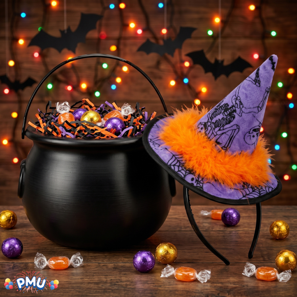 PMU 2 Pc Halloween Witch Cauldron Set – 8 Inch Black Cauldron Bowl & Witch Hat for Halloween Party Decorations, Tabletop & Home Décor