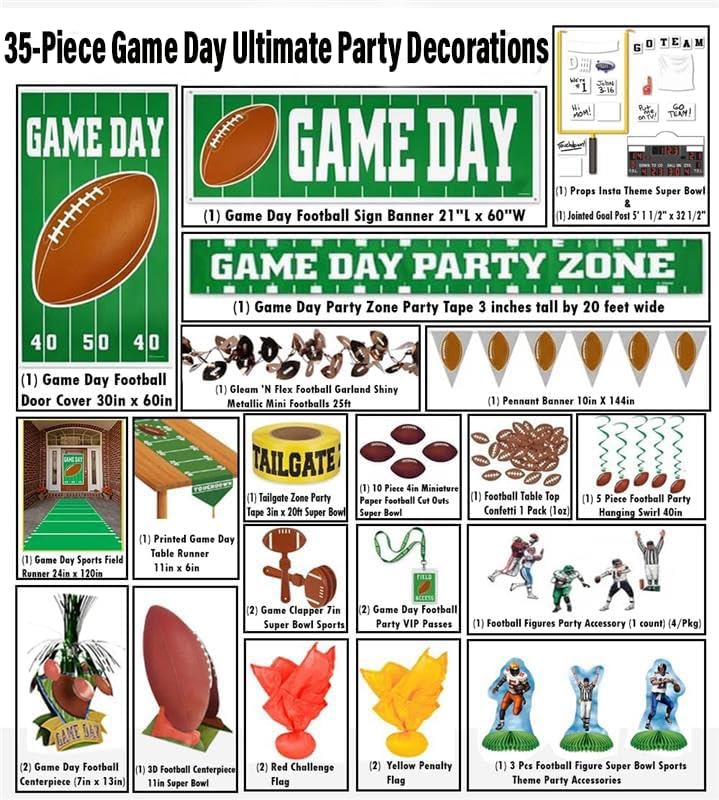 PMU 35 Pcs Football Party Decorations Kit Flags, Centerpieces, Banners, Table Runner, Door Cover, Garland & Tailgate Tape for Super Game Bowl Party