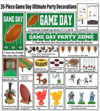 PMU 35 Pcs Football Party Decorations Kit Flags, Centerpieces, Banners, Table Runner, Door Cover, Garland & Tailgate Tape for Super Game Bowl Party