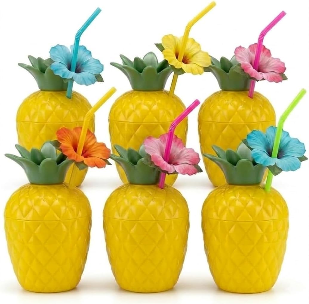 PMU Plastic Coconut & Pineapple Luau Cup with Flower, Luau Party Supplies, Hawaiian Party Decorations and Accessories