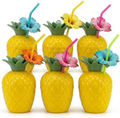 PMU Plastic Coconut & Pineapple Luau Cup with Flower, Luau Party Supplies, Hawaiian Party Decorations and Accessories